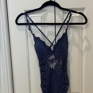 Chic Navy Crochet One-Piece Swimsuit